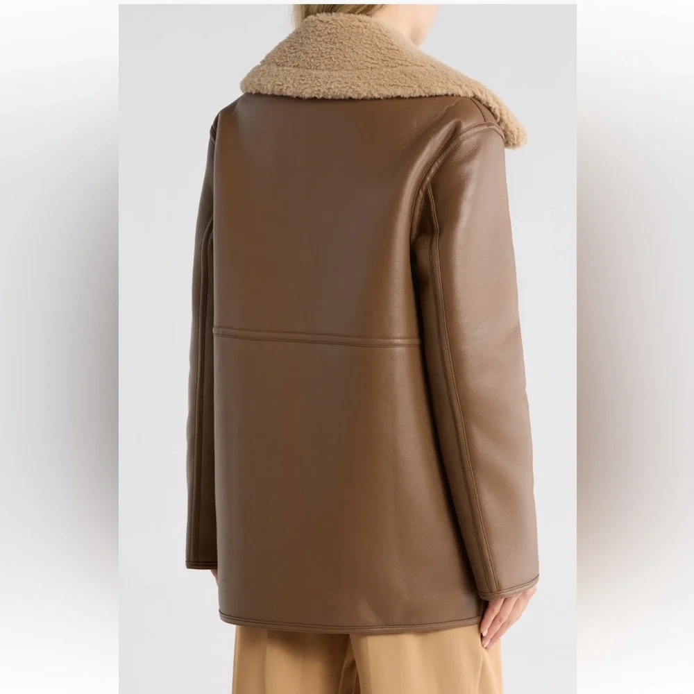 NWT JASON WU Faux Shearling Collar Faux Leather Coat Brown / Tan